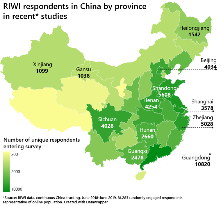 RIWI respondents in China by province in recent studies