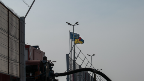 Ukraine flag flying alongside European Union flag