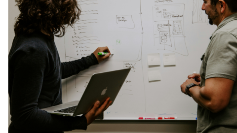 Professionals working on whiteboard