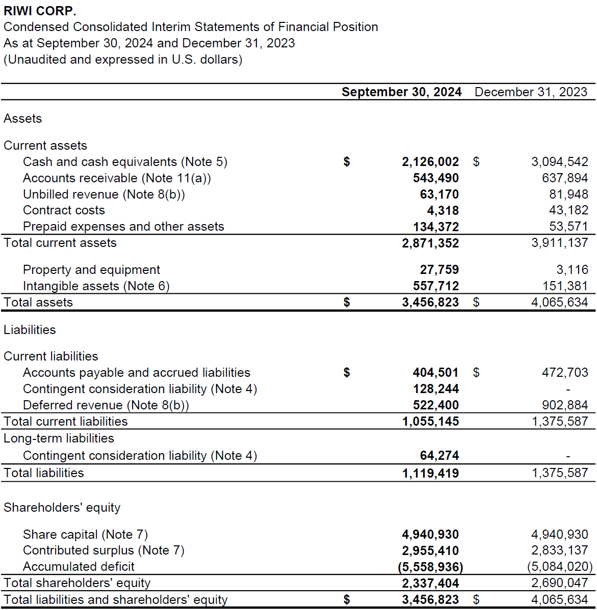 RIWI interim statements of financial position